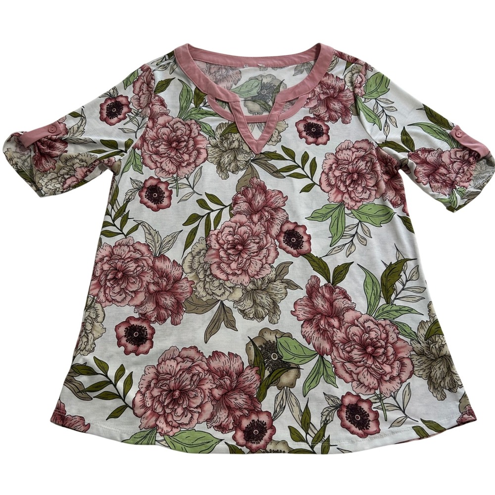 Floral Short Sleeve V-Neck‎ Tunic Top Pink Green Botanical Print Button Tab S/M